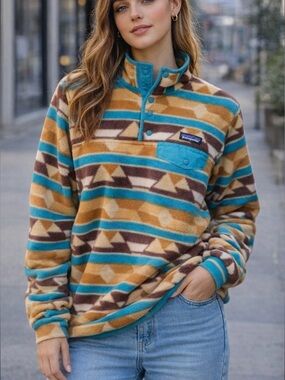 Patagonia Teal, Brown & White Geometric Synchilla Fleece Pullover